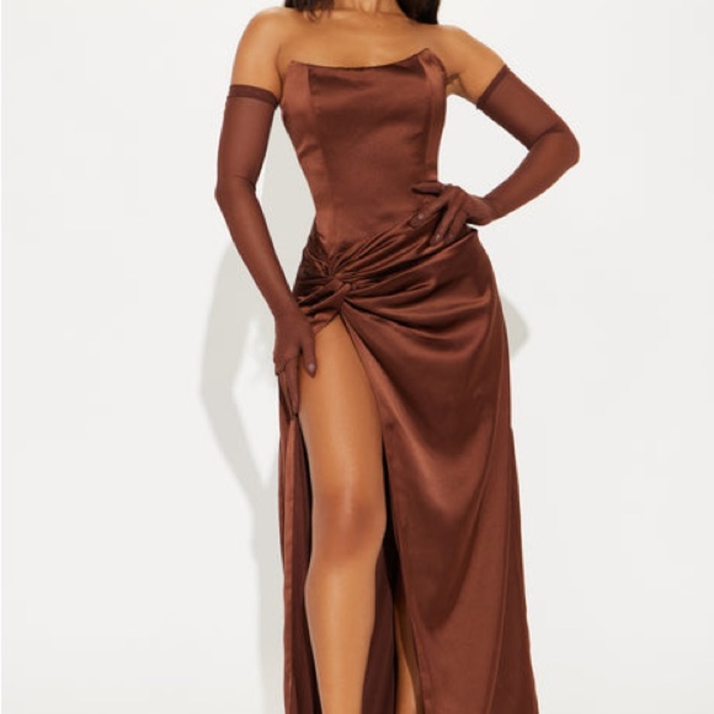 Fashion Nova Brown Strapless Slit Gown with gloves